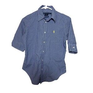 Ralph Lauren Sport Shirt Gingham Button Down Women Size 4 Blue Super Slim Fit